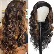 QUEENTAS Long Wavy Headband Wigs for Women Black Wigs with Brown Blonde Highlight 200% Denisty Headband Wigs Put On and Go Glueless Synthetic Hair Wig Party Daliy Use