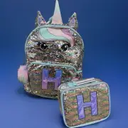JUSTICE UNICORN PASTEL BACKPACK & LUNCHBOX SEQUINS INITIAL(M,T,Z) SUPER CUTE