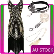 Ladies 20s 1920s Roaring Flapper Black Costume Gold Sequin Gatsby Fancy Dress