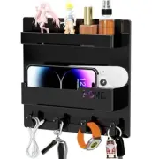 Bedside Wall Organizer, Wall Mount Self Stick On, Cute 4 Hooks Design-Black