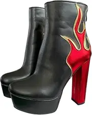 [Frankie Hsu] Women's Large Big Size Red Gold Flame Fire Sexy Platform Chunky Block High Heels Ankle Heeled Bootie Shoes