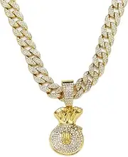 [Fachoice] Dollar Money Bag Pendant for Men Rhinestone Dollar Sign Cuban Necklace, Hip Hop Money Bag Cuban Chain Necklace Gold CZ Dollar Bag Cuban Necklace Men’s Rapper Dollar Money Bag Jewelry,