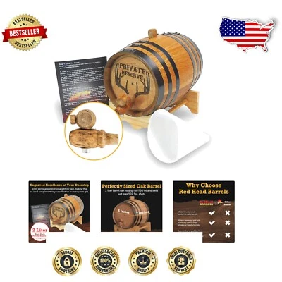 2L Engraved Mini Oak Barrel for Aging Whiskey, Rum, Tequila - Distillery-Grade