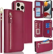 SunYoo for iPhone 13 Pro Max Case Leather Wallet with Card Holders Money Slots Wrist Strap RFID Blocking Purse for iPhone 12 Pro Max Zipper Coin Pocket Cover Kickstand Folio Flip Case Red
