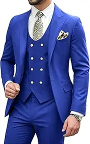 [HUEZOE] Mens Suit 3 Piece Double Breasted Suit Men Slim Fit Formal Tuxedo Suit Set Groomsmen Wedding Prom Suits