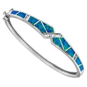 Australian Opal Inlay & Topaz 925 Solid Sterling Silver Bangle Bracelet OX3