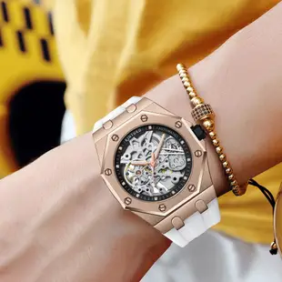新款 KINYUED 金悅達 國王錶 雙面鏤空設計 自動機械錶 夜光指針 都會時尚矽膠男錶 女錶【S & C】