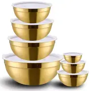Gold Mixing Bowls with Lids Set of 7, Stainless Steel Nesting Bowl with Khaki...