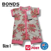 Bonds Baby Size 1 Zip Romper Short Sleeve Wondersuit Girls Happy Theme