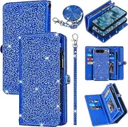 Wallet Cover for Google Pixel 8 Pro 5G with Detachable Cell Phone Case Flip Zipper Purse, Wrist Strap Shoulder Strap Glitter PU Leather Card Holder Stand for Pixel8Pro Pixel8 XL Eight 8Pro Blue