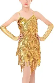 [Happy Cherry] Girls Latin Dance Dress Sequin Tassel Dress Salsa Tango Rumba Dancewear