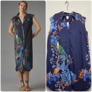 Anthropologie Maeve Lillian Cap Sleeve Dress Plus Size 3X Blue Printed Button