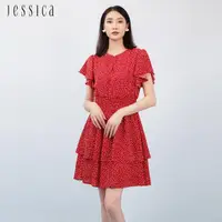 在飛比找momo購物網優惠-【JESSICA】甜美點點雪紡蛋糕裙擺收腰短袖洋裝23327