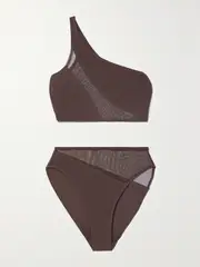 [Norma Kamali] Norma Kamali - Snake One-shoulder Mesh-paneled Bikini - Chocolate - small small Brown