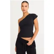 Black Cotton One Shoulder Longline Top, Black
