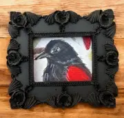 Red winged blackbird mini watercolor print in black vintage style ornate frame