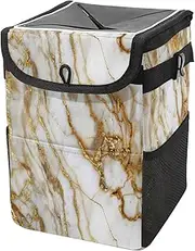 Car Trash Can with Lid and Storage Pockets Leak-Proof Organizer,Multipurpose Trash Bin for Car,Classic White Gold Marble