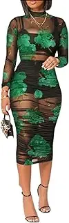 [Rodawu] Women Sexy 3 Piece Outfits Set See Through Print Long Sleeve Midi Dress Sheer Mesh Crop Tank Tops Bodycon Skirt