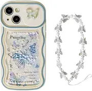 Eiyikof Compatible with iPhone 15 Case with Cute Butterfly and Charm Chain，Bling Liquid Quicksand and Sliding Camera Cover Shockproof Case for iPhone 15 for Women Girls-Green