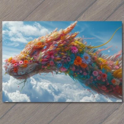 4x6" Flying Dragon Covered Flowers Cute Colorful Unreal Strange Fun Unusual