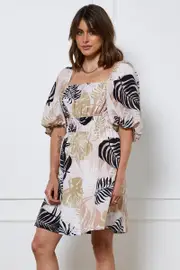 Trop Print Mini Dress Short Sleeve Square Neck - Size 8, Women's Fb Mini Dress