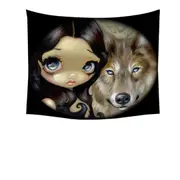 Dark Haired Beautiful Girl and Silver Eyed Wolf Tapestry