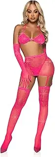 [Leg Avenue] Women's 5 Pc Rhinestone Fishnet Garter Skirt Set with Bikini Top, G-String, Gloves, Stockings