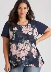 Autograph Top Plus Size 26 Tunic Shirt Blouse Short Sleeve Navy Pink Floral NEW