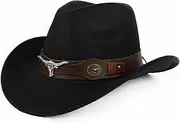 [Yuedefly] Black Cowboy Hat Wool Felt Western Hat Wide Brim Trilby Fedora Hat Jazz Cap Cowgirl Bush Hat Vintage ShapeableOutback Hat with Buckle Band Adjustable Derby Party Hat,for Men/Women, One Size