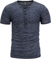 [Zylphorix] Men's Silk Short Sleeve Henry T-Shirt Half Button Slim Fit Daily Shirt Summer Classic Comfy Casual Polo Shirt, Blue, Large