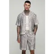 Mens Stone Tall Oversized Boxy Short Sleeve Check Satin Shirt & Short Set