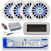 Dual Bluetooth Marine Radio, Cover, Antenna,Amp w/Kit, 4x 6.5" LED White Speaker