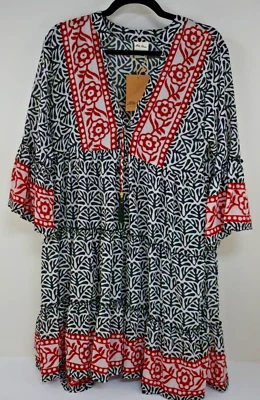 BLU SEISE BOHO BLACK RED AND CREAM SHORT DRESS/MUMU NWT ONE SIZE