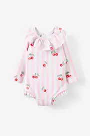 [Cotton On Kids] Cotton On Kids - Bonnie Long Sleeve Ruffle One Piece (Keyhole Back) - Blush pink/cherries stripe 18-24M BLUSH PINK/CHERRIES STRIPE