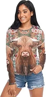 [RPLIFE] Cute Highland Cow Green Red Mesh Top Long Sleeve, Sheer Mesh Tops for Women S-XXL