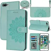 Cavor Crossbody Wallet for iPhone 6 Plus/ 6s Plus PU Leather Case Magnetic 3D Embossed Flower Women Flip Kickstand with Card Holder Shoulder Lanyard Protective Cover-Long Strap Flower Light Green