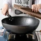 Carbon Steel Wok Pan 32cm Stir Fry Wok Set with Wooden Lid Non-Stick Flat Bottom