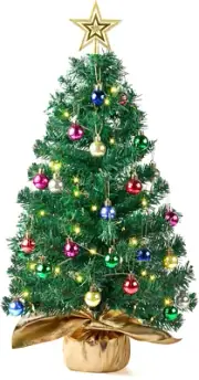 24"/2FT Small Christmas Tree with Lights, Star Treetop and Ornaments