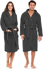 [Pristine Linen] Cotton Terry Hooded Bathrobe for Women Cotton Robes Terry Cloth Robes for Men Towel Robe Unisex Men & Women, Charcoal Grey, Medium-Large