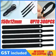 UP300X Black Cable Nylon Ties Hook Loop Strap Reusable PC TV Tidy Wrap 150*15MM