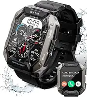 EBXDW Military Smart Watches for Men IP68 Waterproof for Swimming, with Answer/Make Calls, 80 Days Extra-Long Battery Outdoor Tactical Smart Fitness Watch for Android, Black