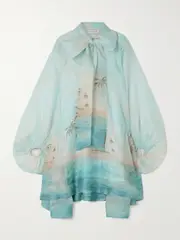 [Zimmermann] Zimmermann - Illuminate Billow Pussy-bow Printed Linen And Silk-blend Mini Dress - Blue - small small Blue