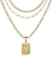 [Honsny] Gold Initial Necklaces for Women,Dainty 18K Gold Snake Square Letter Pendant Figaro Chain Choker Necklace Set Gold Layered Necklaces for Women Girls Gifts Jewelry