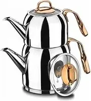 Korkmaz Turkish Tea Pot Teapot 2 Rosanna Silver Rose Gold Including Induction Caydanlik