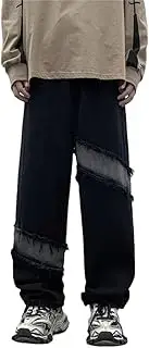 [Generic] Men Baggy Patchwork Raw Edge Panelled Straight American Style Male Streetwear Denim Trousers