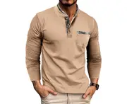 Men's Long Sleeve Henley T-shirts Classic Undershirts for Men -Natural