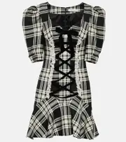 [Alessandra Rich] Alessandra Rich Lace-up checked wool minidress AU 14 black