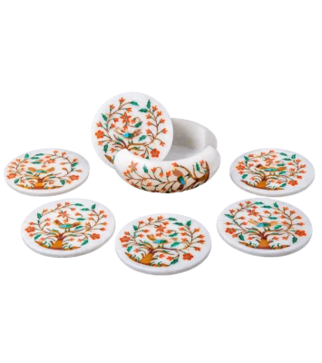 Coffee Inlay Work White Marble Tea Coaster Precious Stone Flower h17