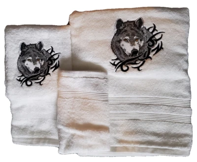 Embroidered Gray Wolf on White Bath Towel Set Wash Hand
