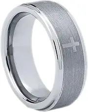 [Mulmoy] 8 mm Mens Tungsten Wedding Ring Laser Engraved Cross Band Brushed Finish with Stepped Edges